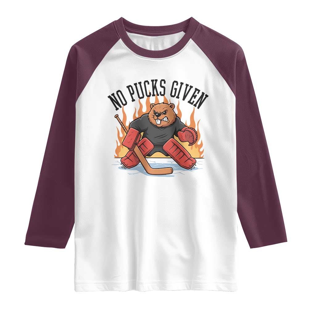 Funny Beaver Ice Hockey Goalie Gift Raglan Shirt No Pucks Given TS12 White Maroon Print Your Wear