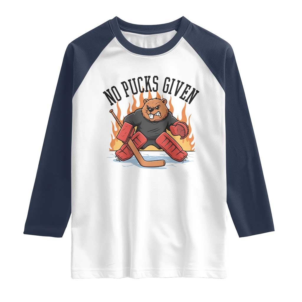 Funny Beaver Ice Hockey Goalie Gift Raglan Shirt No Pucks Given TS12 White Navy Print Your Wear