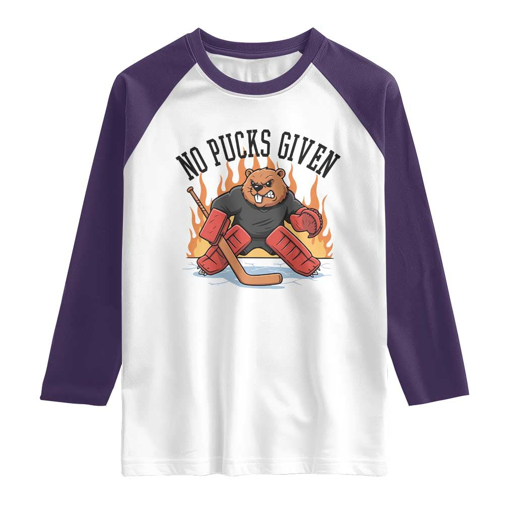 Funny Beaver Ice Hockey Goalie Gift Raglan Shirt No Pucks Given TS12 White Purple Print Your Wear