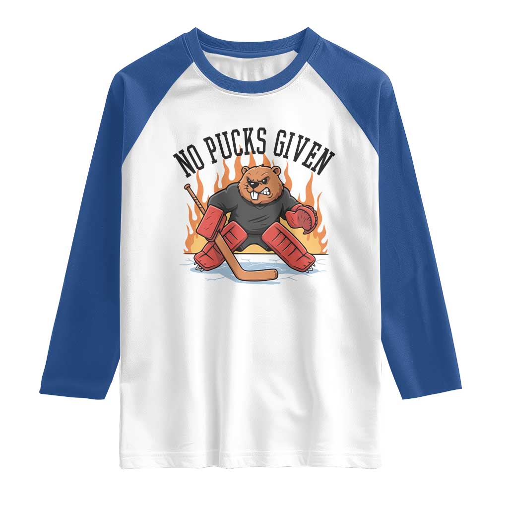 Funny Beaver Ice Hockey Goalie Gift Raglan Shirt No Pucks Given TS12 White Royal Print Your Wear