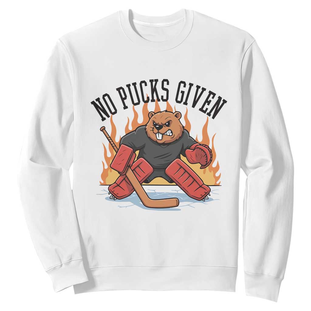 Funny Beaver Ice Hockey Goalie Gift Sweatshirt No Pucks Given TS12 White Print Your Wear