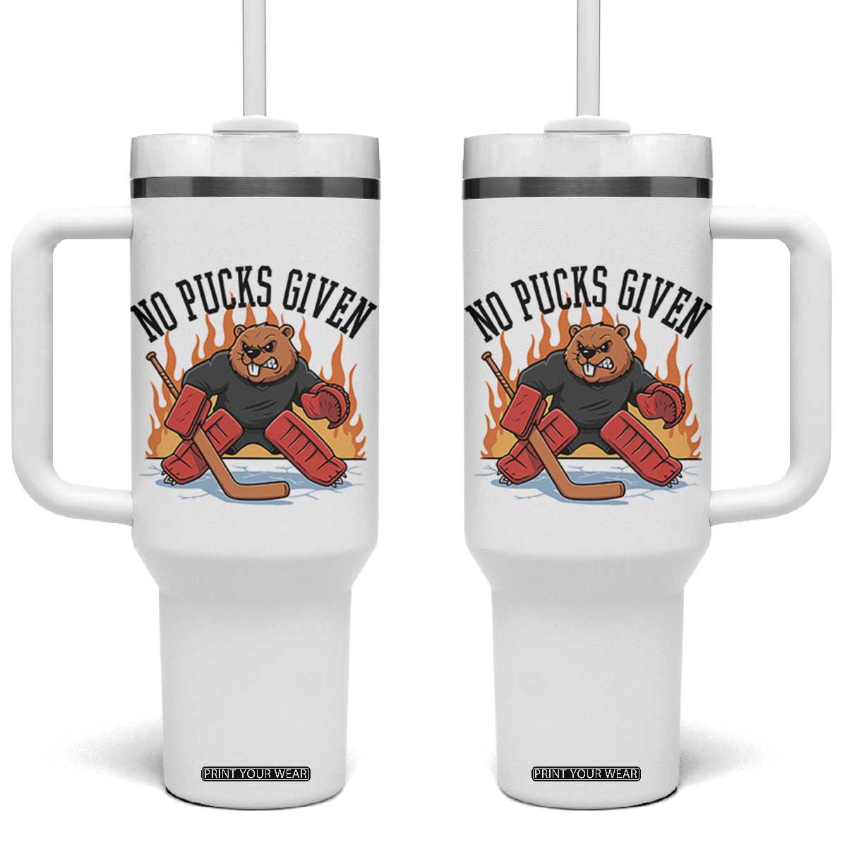 Funny Beaver Ice Hockey Goalie Gift Tumbler With Handle No Pucks Given TS12 One Size: 40 oz White Print Your Wear