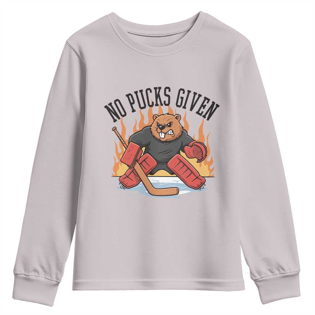 Funny Beaver Ice Hockey Goalie Gift Youth Sweatshirt No Pucks Given TS12 Ice Gray Print Your Wear