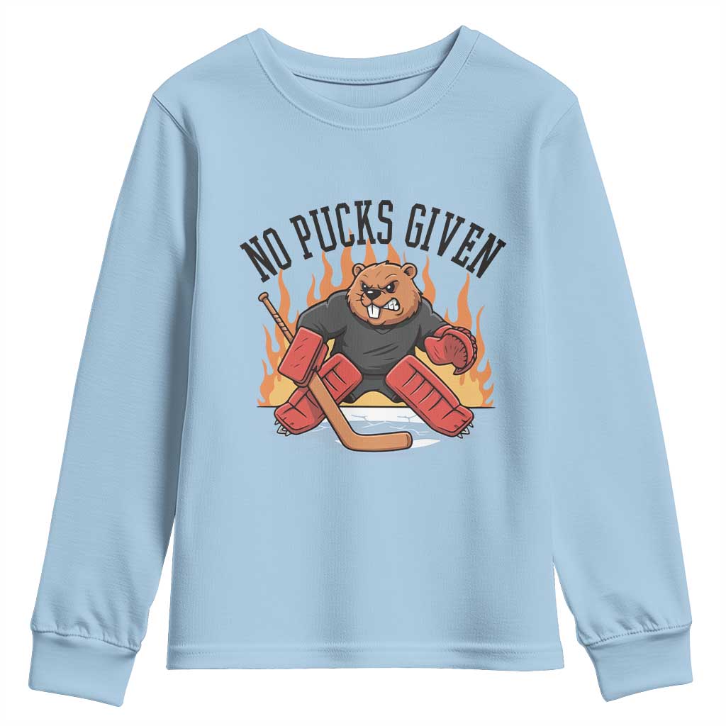 Funny Beaver Ice Hockey Goalie Gift Youth Sweatshirt No Pucks Given TS12 Light Blue Print Your Wear