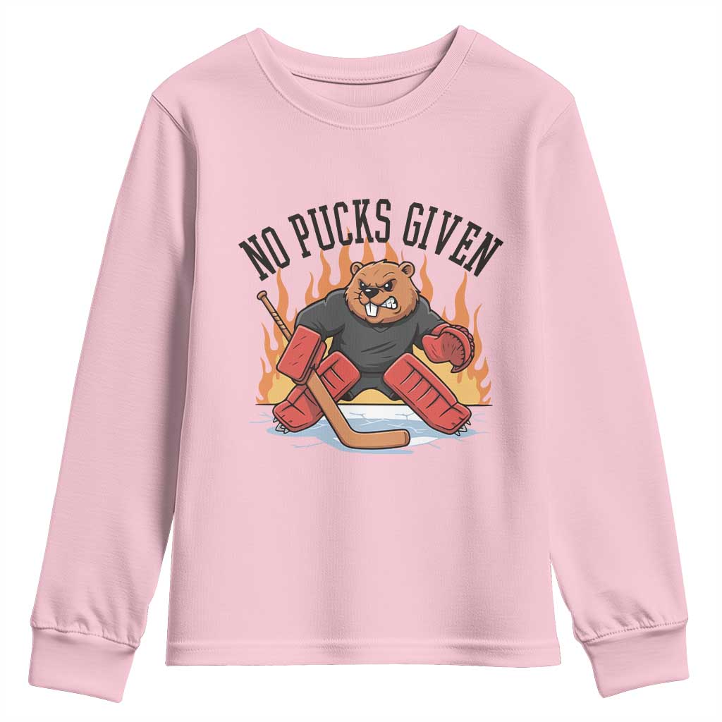Funny Beaver Ice Hockey Goalie Gift Youth Sweatshirt No Pucks Given TS12 Light Pink Print Your Wear
