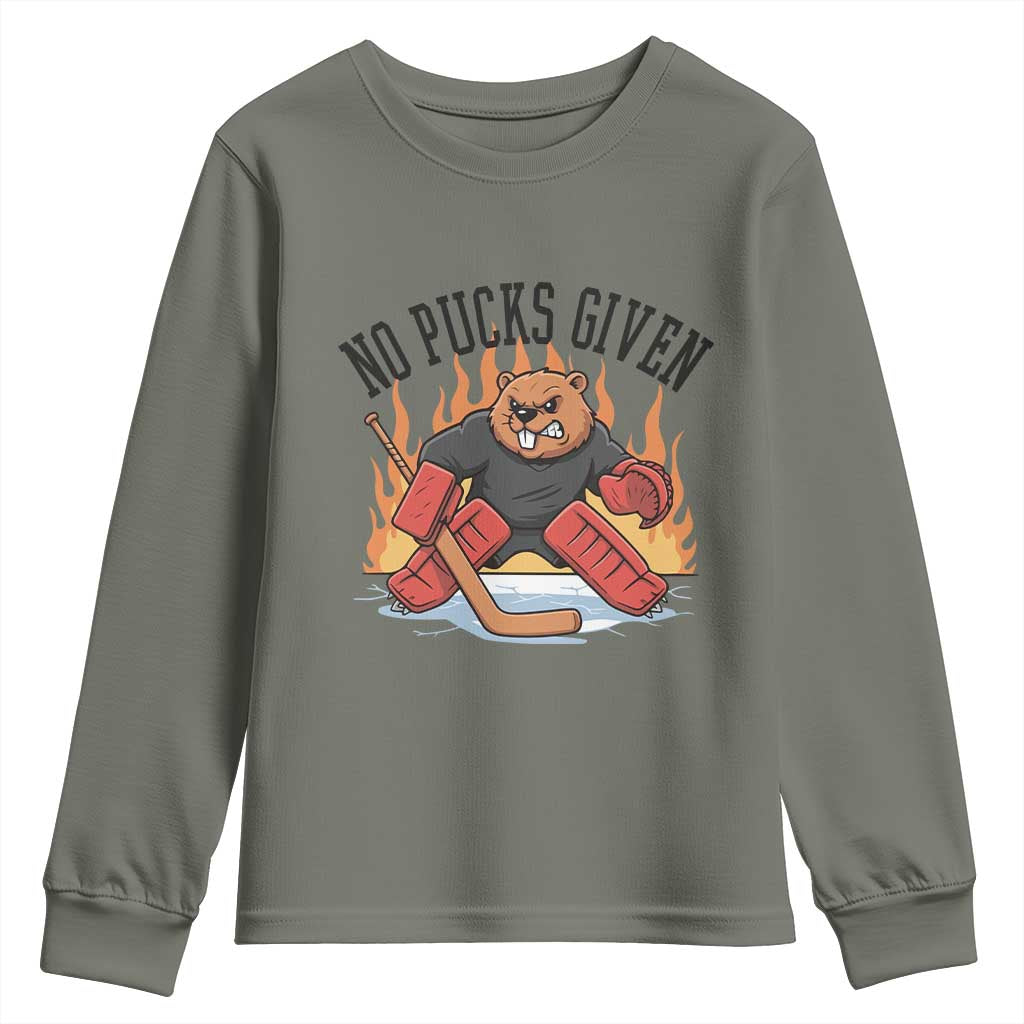 Funny Beaver Ice Hockey Goalie Gift Youth Sweatshirt No Pucks Given TS12 Military Green Print Your Wear