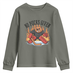 Funny Beaver Ice Hockey Goalie Gift Youth Sweatshirt No Pucks Given TS12 Military Green Print Your Wear