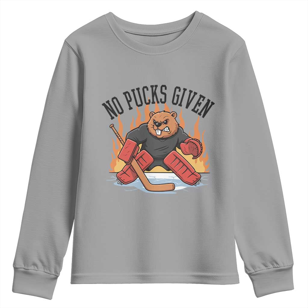 Funny Beaver Ice Hockey Goalie Gift Youth Sweatshirt No Pucks Given TS12 Sport Gray Print Your Wear