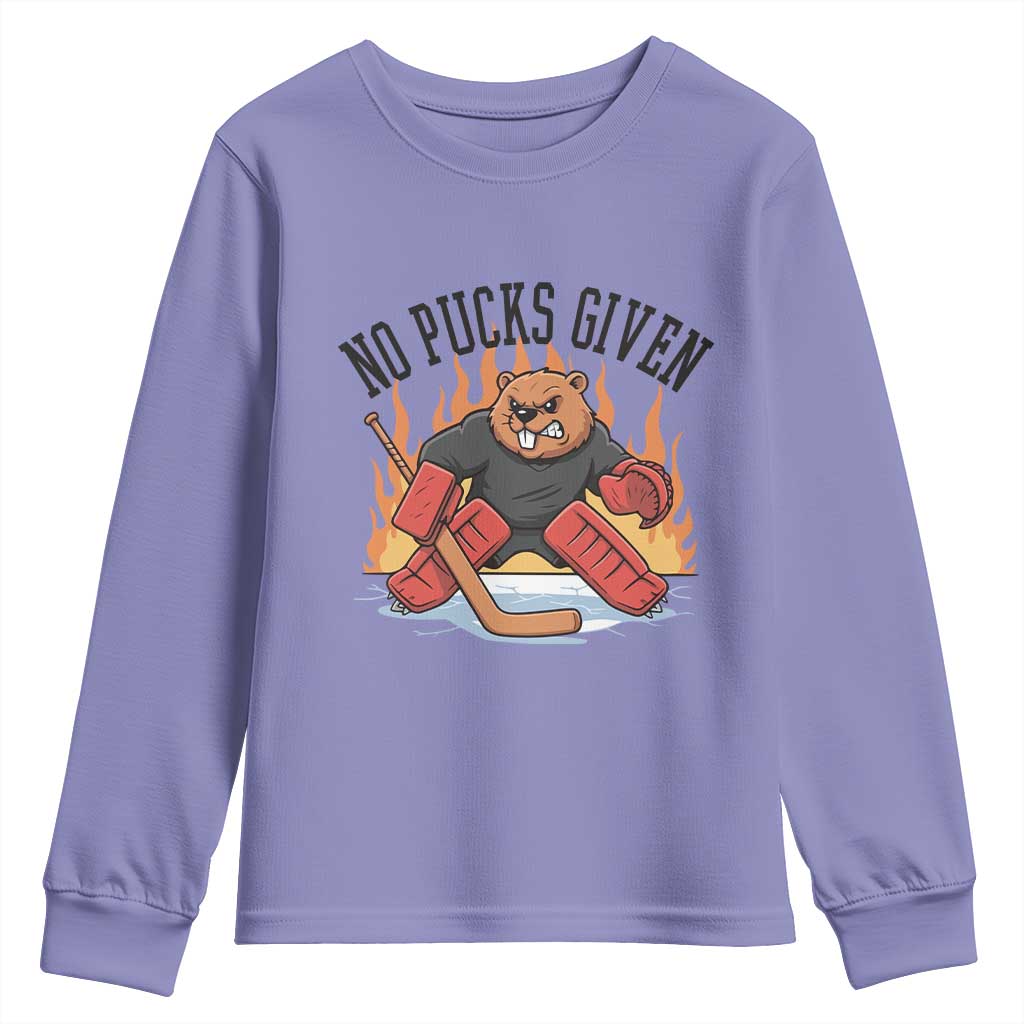 Funny Beaver Ice Hockey Goalie Gift Youth Sweatshirt No Pucks Given TS12 Violet Print Your Wear