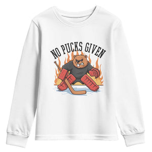 Funny Beaver Ice Hockey Goalie Gift Youth Sweatshirt No Pucks Given TS12 White Print Your Wear