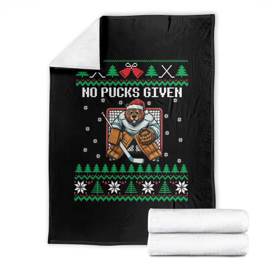 Ugly Christmas Sweater Beaver Ice Hockey Goalie Throw Blanket No Pucks Given TS12 Black Print Your Wear