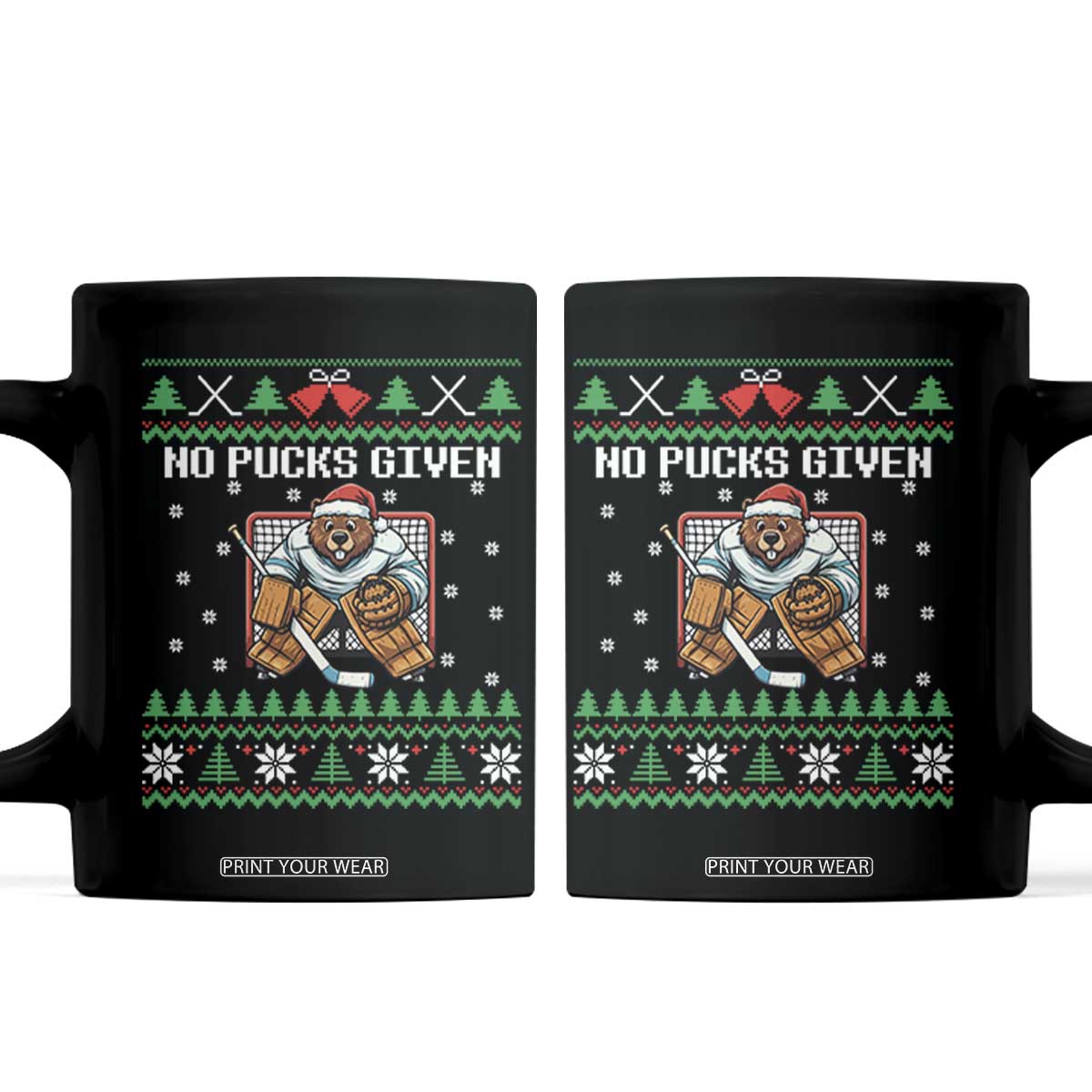 Ugly Christmas Sweater Beaver Ice Hockey Goalie Coffee Mug No Pucks Given TS12 Black Print Your Wear