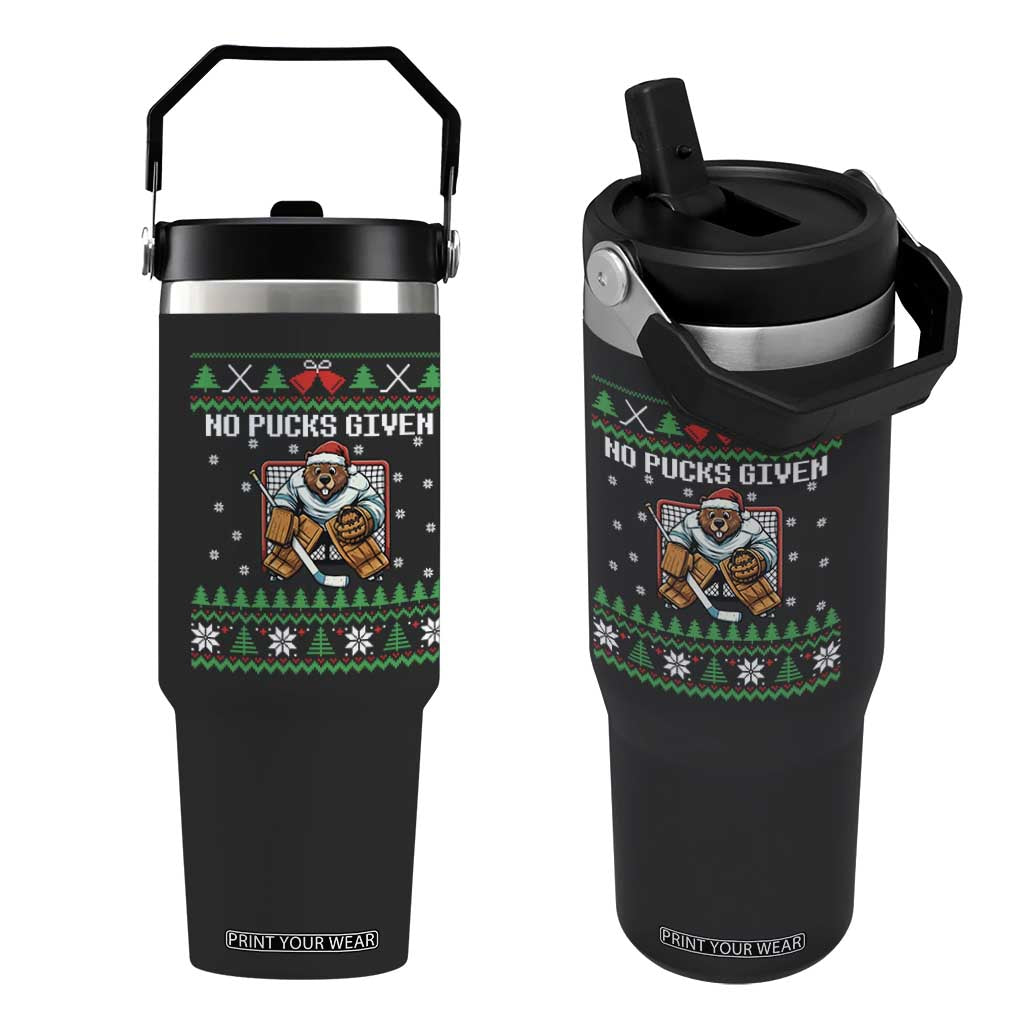 Ugly Christmas Sweater Beaver Ice Hockey Goalie Flip Straw Tumbler No Pucks Given TS12 One Size: 30 oz Black Print Your Wear