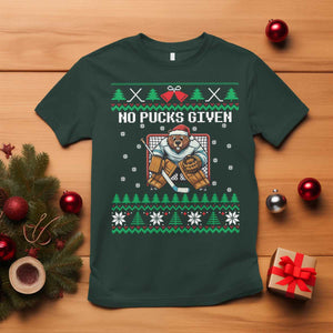 Ugly Christmas Sweater Beaver Ice Hockey Goalie T Shirt No Pucks Given TS12 Dark Forest Green Print Your Wear