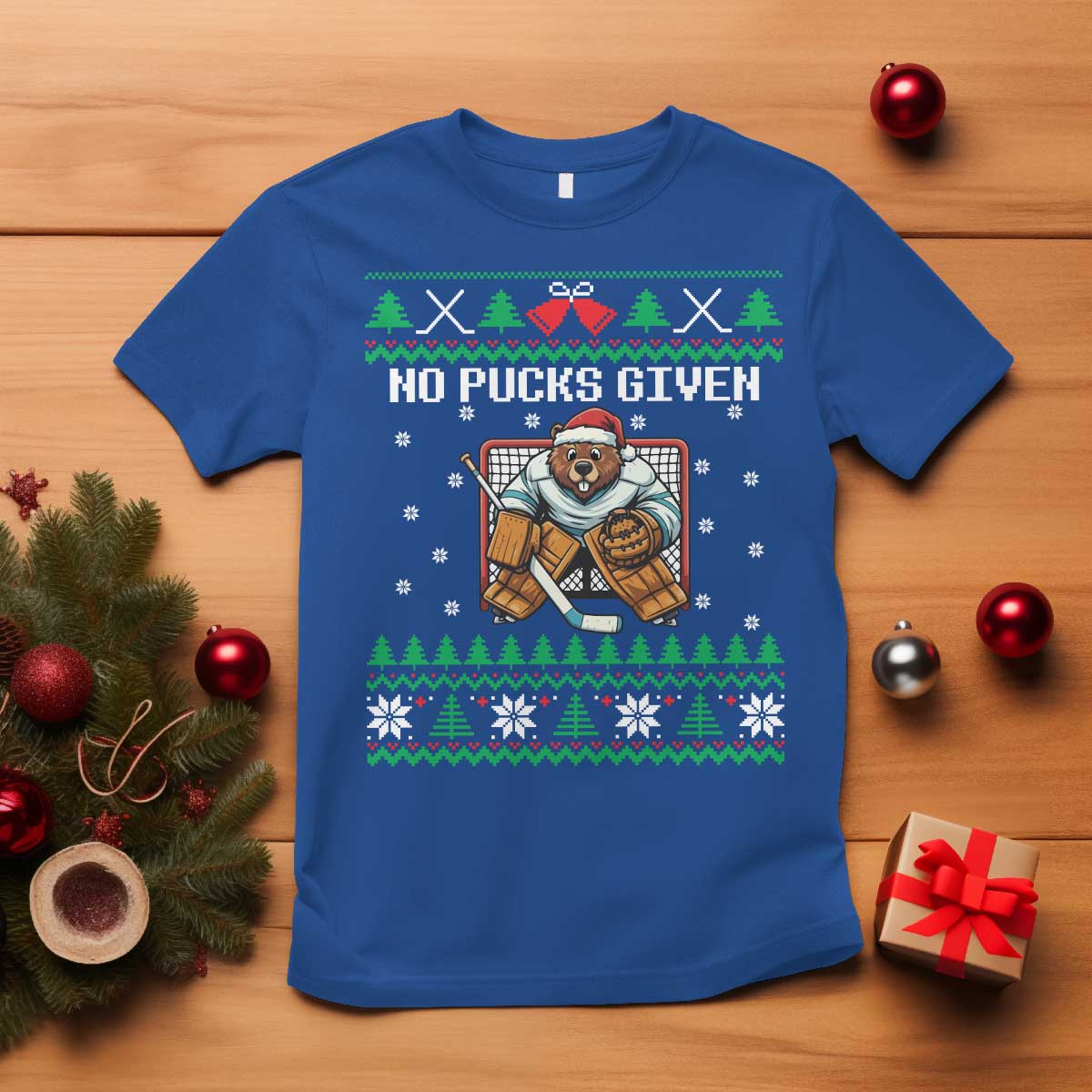 Ugly Christmas Sweater Beaver Ice Hockey Goalie T Shirt No Pucks Given TS12 Royal Blue Print Your Wear