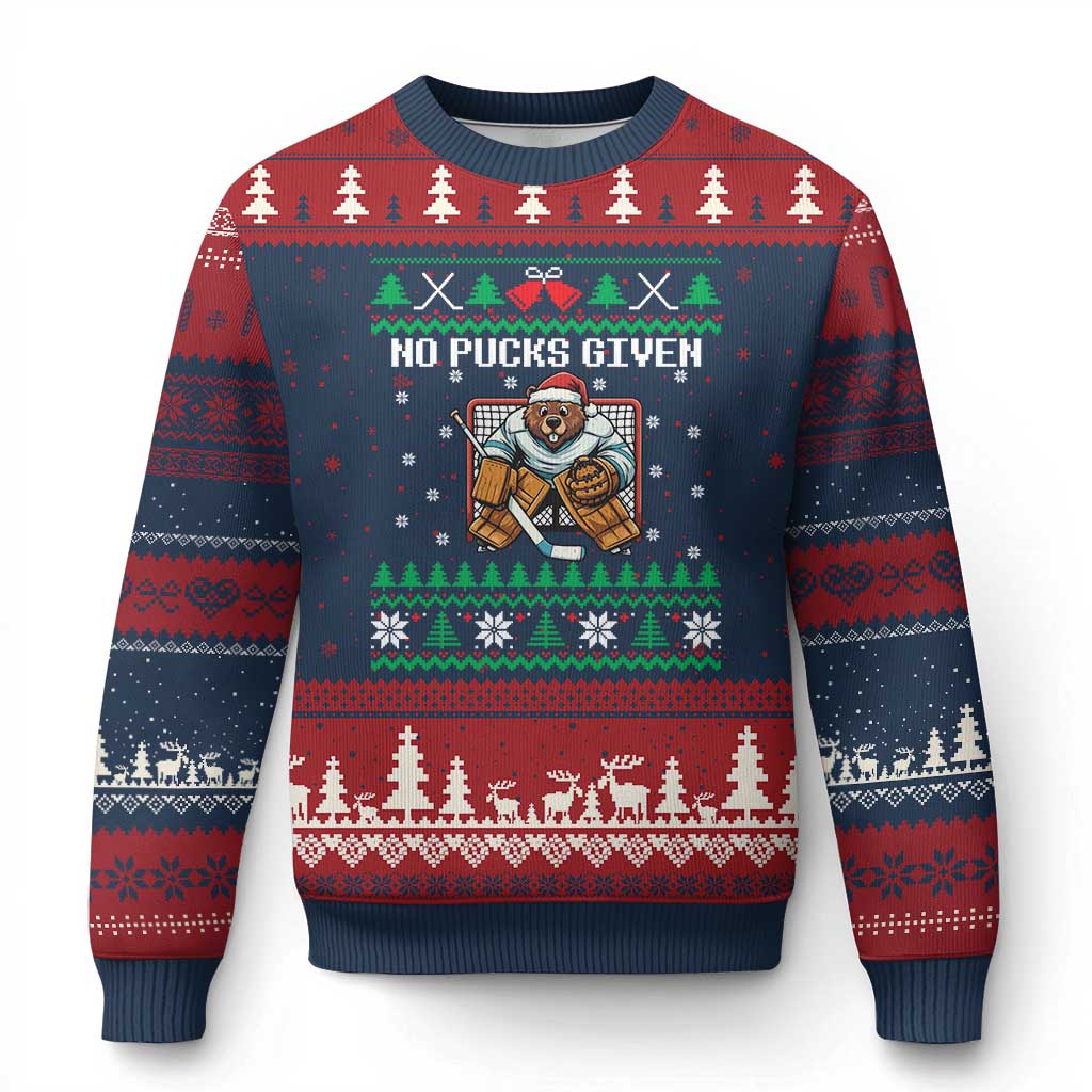 Ugly Xmas Sweater Beaver Ice Hockey Goalie Ugly Christmas Sweater No Pucks Given TS12 Navy Red Print Your Wear