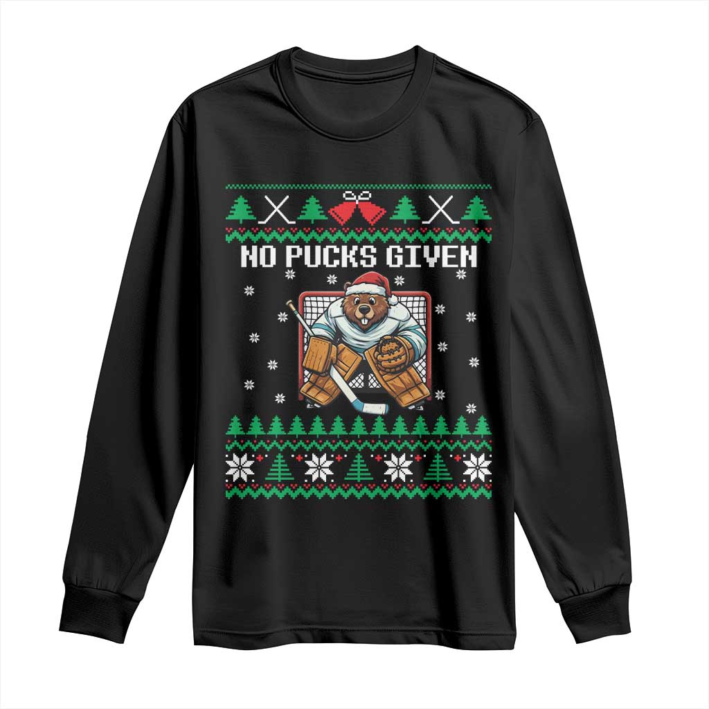 Ugly Christmas Sweater Beaver Ice Hockey Goalie Long Sleeve Shirt No Pucks Given TS12 Black Print Your Wear