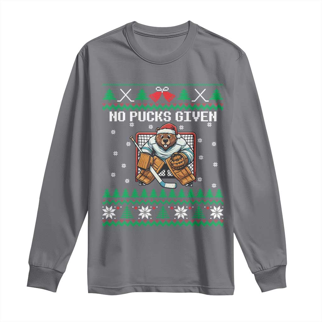 Ugly Christmas Sweater Beaver Ice Hockey Goalie Long Sleeve Shirt No Pucks Given TS12 Charcoal Print Your Wear