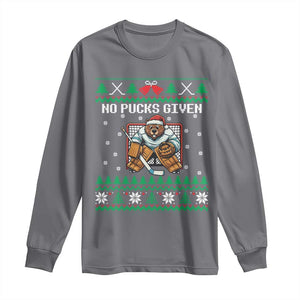 Ugly Christmas Sweater Beaver Ice Hockey Goalie Long Sleeve Shirt No Pucks Given TS12 Charcoal Print Your Wear