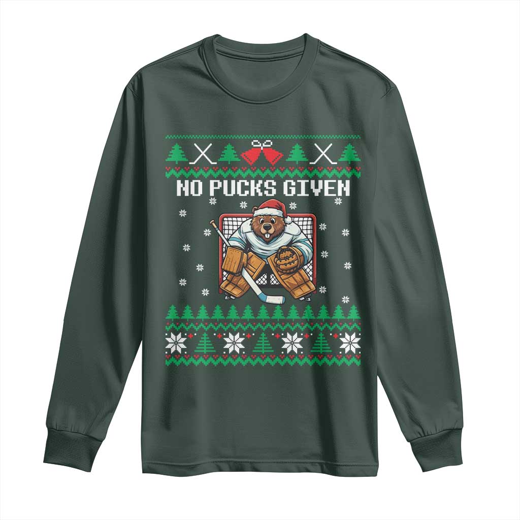 Ugly Christmas Sweater Beaver Ice Hockey Goalie Long Sleeve Shirt No Pucks Given TS12 Dark Forest Green Print Your Wear