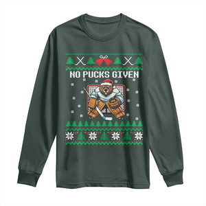 Ugly Christmas Sweater Beaver Ice Hockey Goalie Long Sleeve Shirt No Pucks Given TS12 Dark Forest Green Print Your Wear