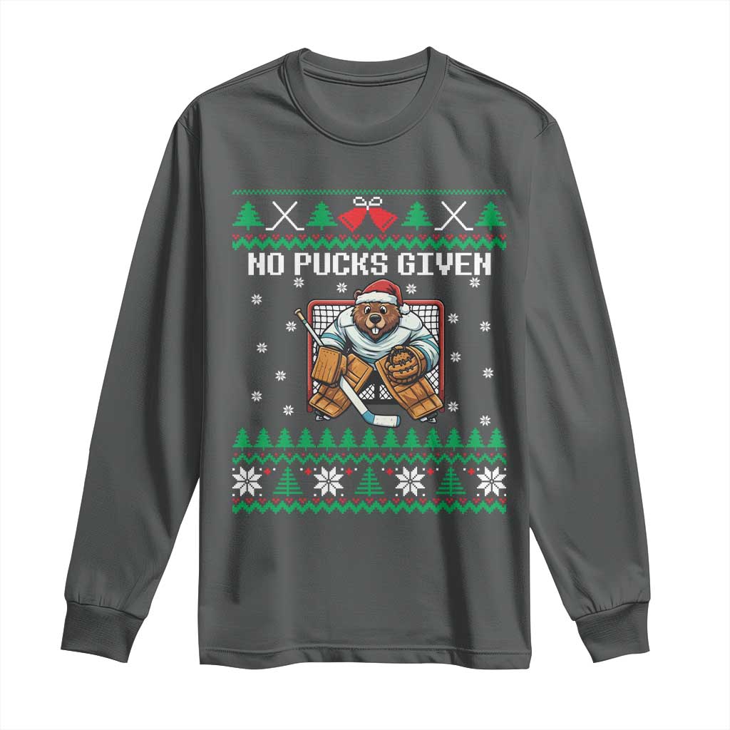 Ugly Christmas Sweater Beaver Ice Hockey Goalie Long Sleeve Shirt No Pucks Given TS12 Dark Heather Print Your Wear