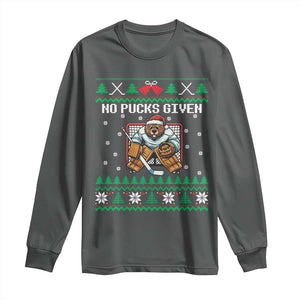 Ugly Christmas Sweater Beaver Ice Hockey Goalie Long Sleeve Shirt No Pucks Given TS12 Dark Heather Print Your Wear