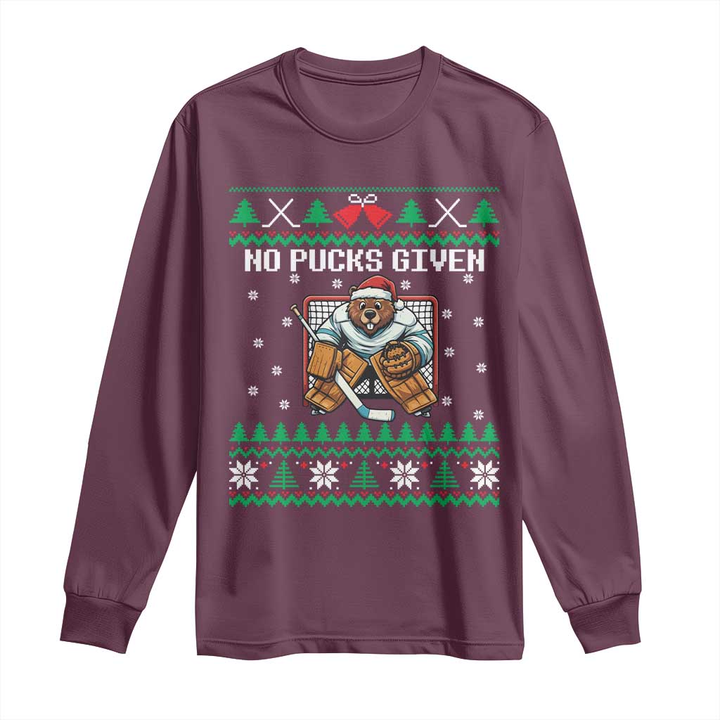 Ugly Christmas Sweater Beaver Ice Hockey Goalie Long Sleeve Shirt No Pucks Given TS12 Maroon Print Your Wear