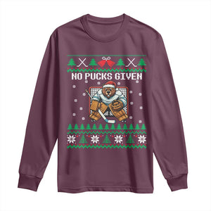 Ugly Christmas Sweater Beaver Ice Hockey Goalie Long Sleeve Shirt No Pucks Given TS12 Maroon Print Your Wear