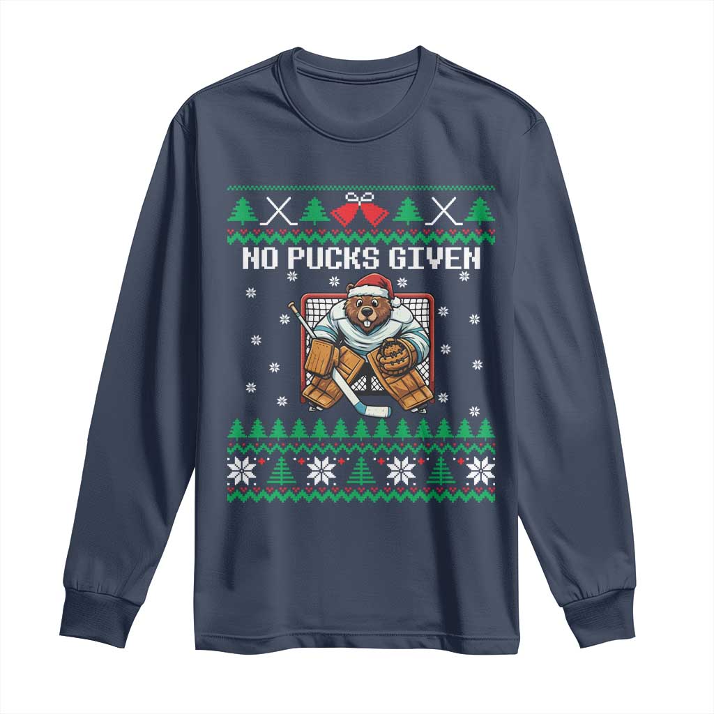 Ugly Christmas Sweater Beaver Ice Hockey Goalie Long Sleeve Shirt No Pucks Given TS12 Navy Print Your Wear