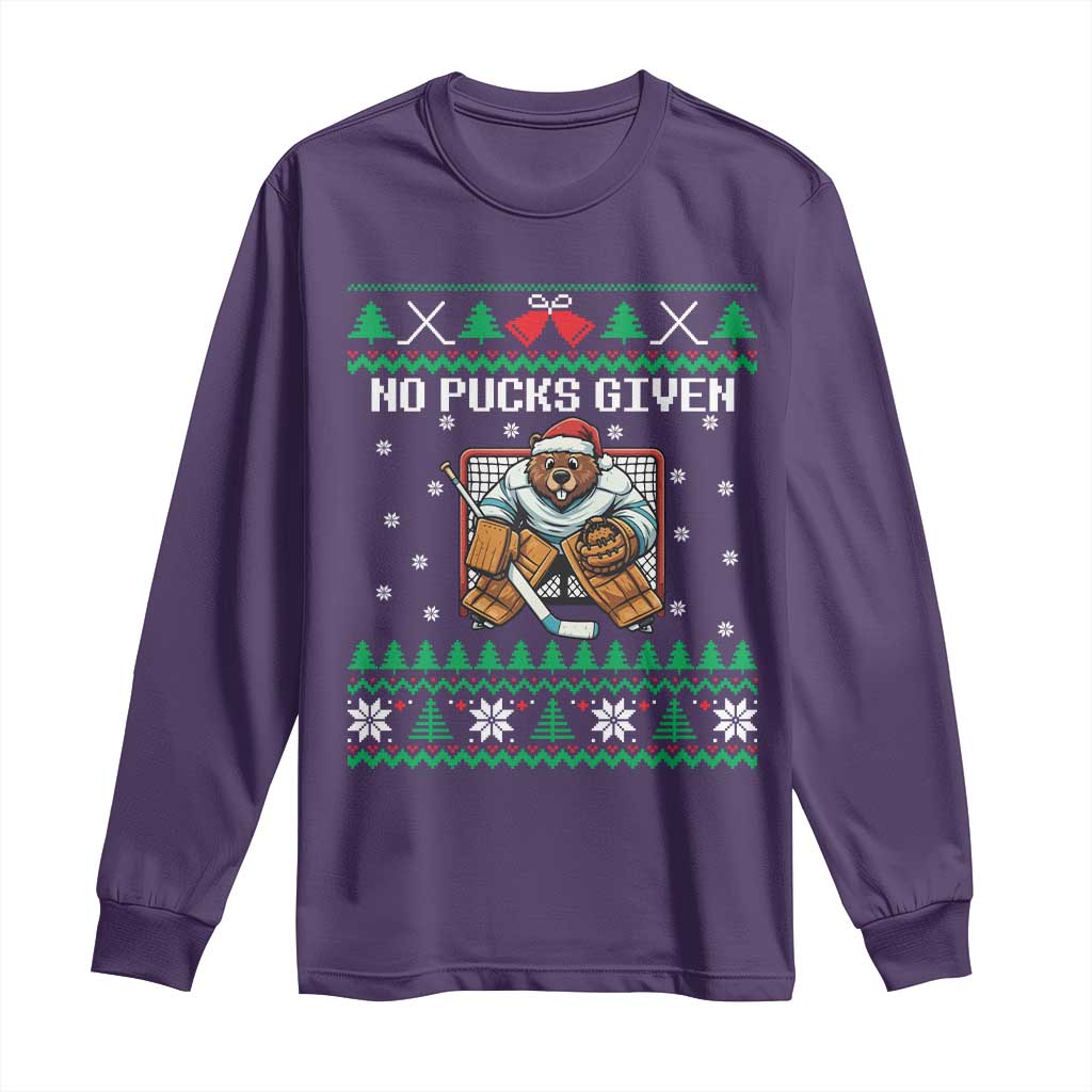 Ugly Christmas Sweater Beaver Ice Hockey Goalie Long Sleeve Shirt No Pucks Given TS12 Purple Print Your Wear
