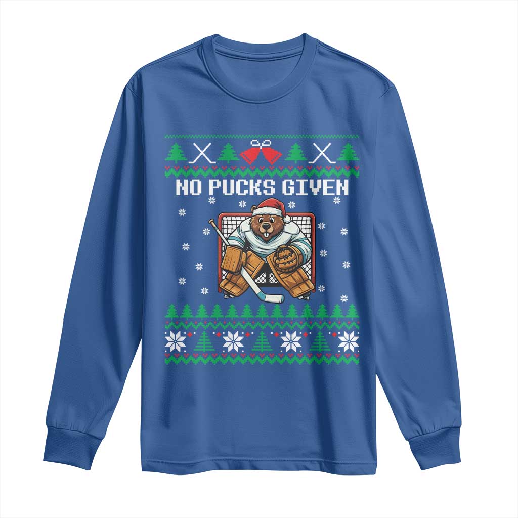 Ugly Christmas Sweater Beaver Ice Hockey Goalie Long Sleeve Shirt No Pucks Given TS12 Royal Blue Print Your Wear