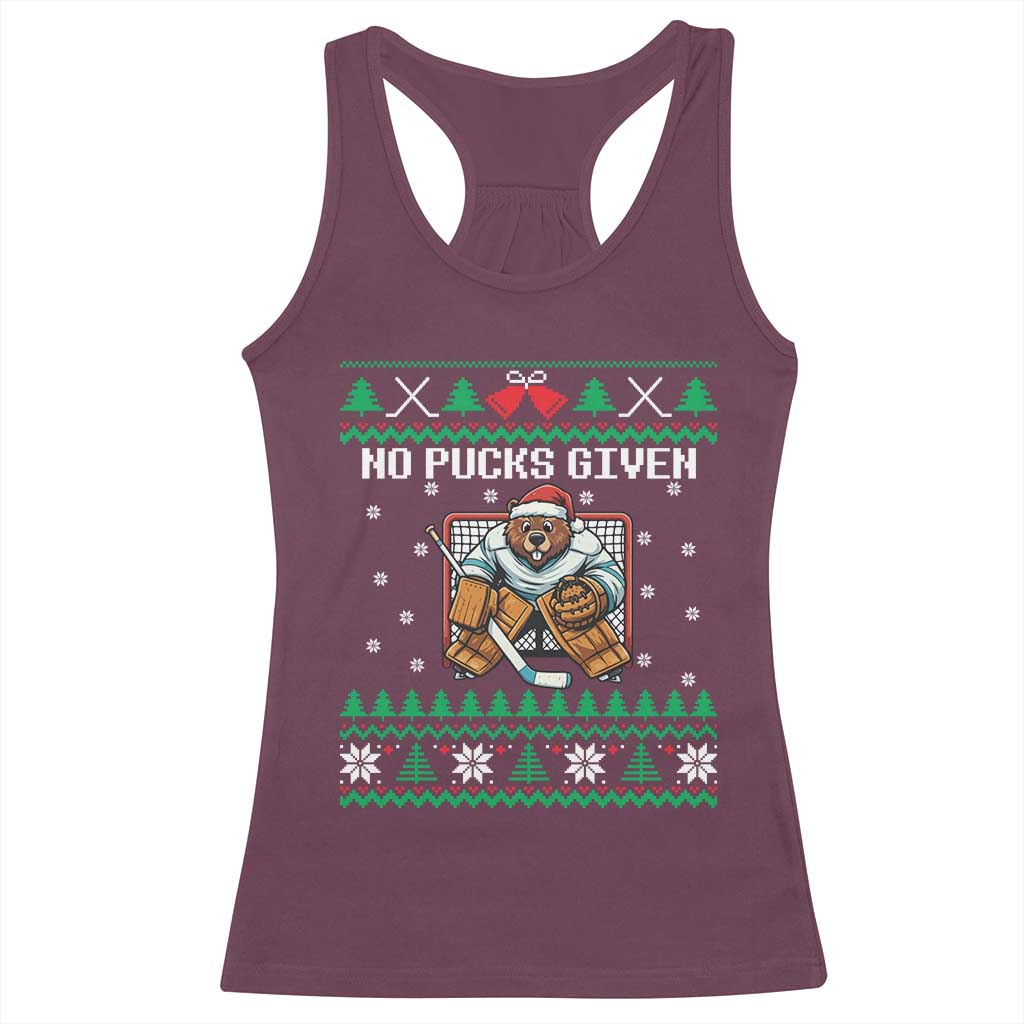 Ugly Christmas Sweater Beaver Ice Hockey Goalie Racerback Tank Top No Pucks Given TS12 Maroon Print Your Wear