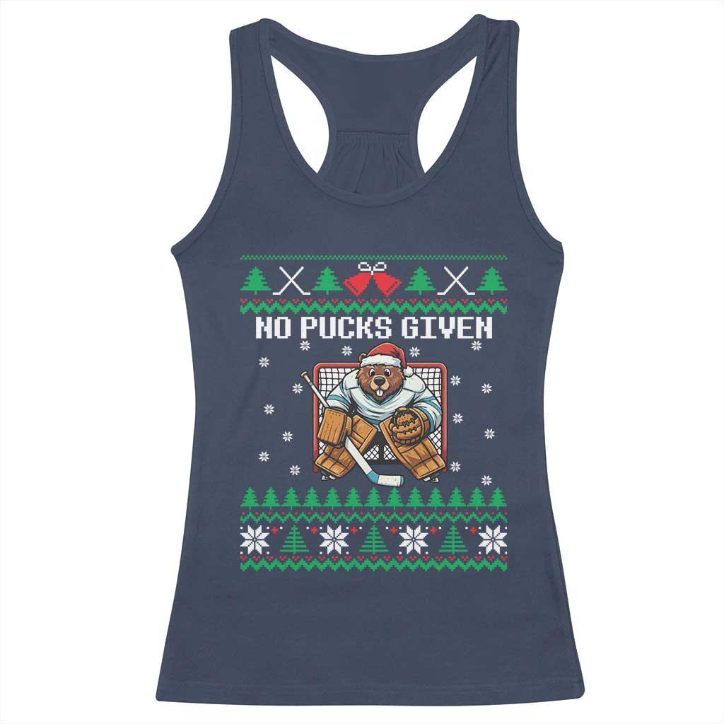 Ugly Christmas Sweater Beaver Ice Hockey Goalie Racerback Tank Top No Pucks Given TS12 Navy Print Your Wear