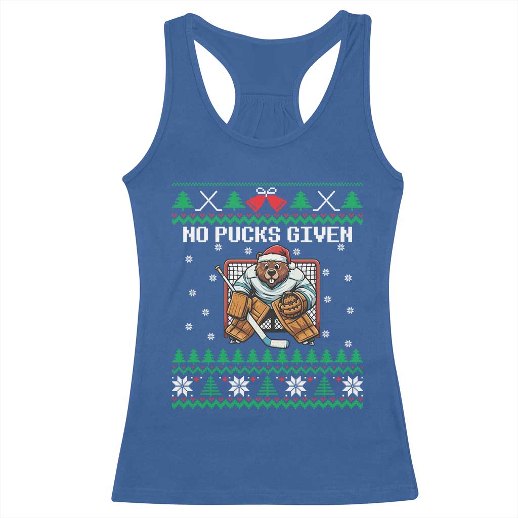Ugly Christmas Sweater Beaver Ice Hockey Goalie Racerback Tank Top No Pucks Given TS12 Royal Blue Print Your Wear