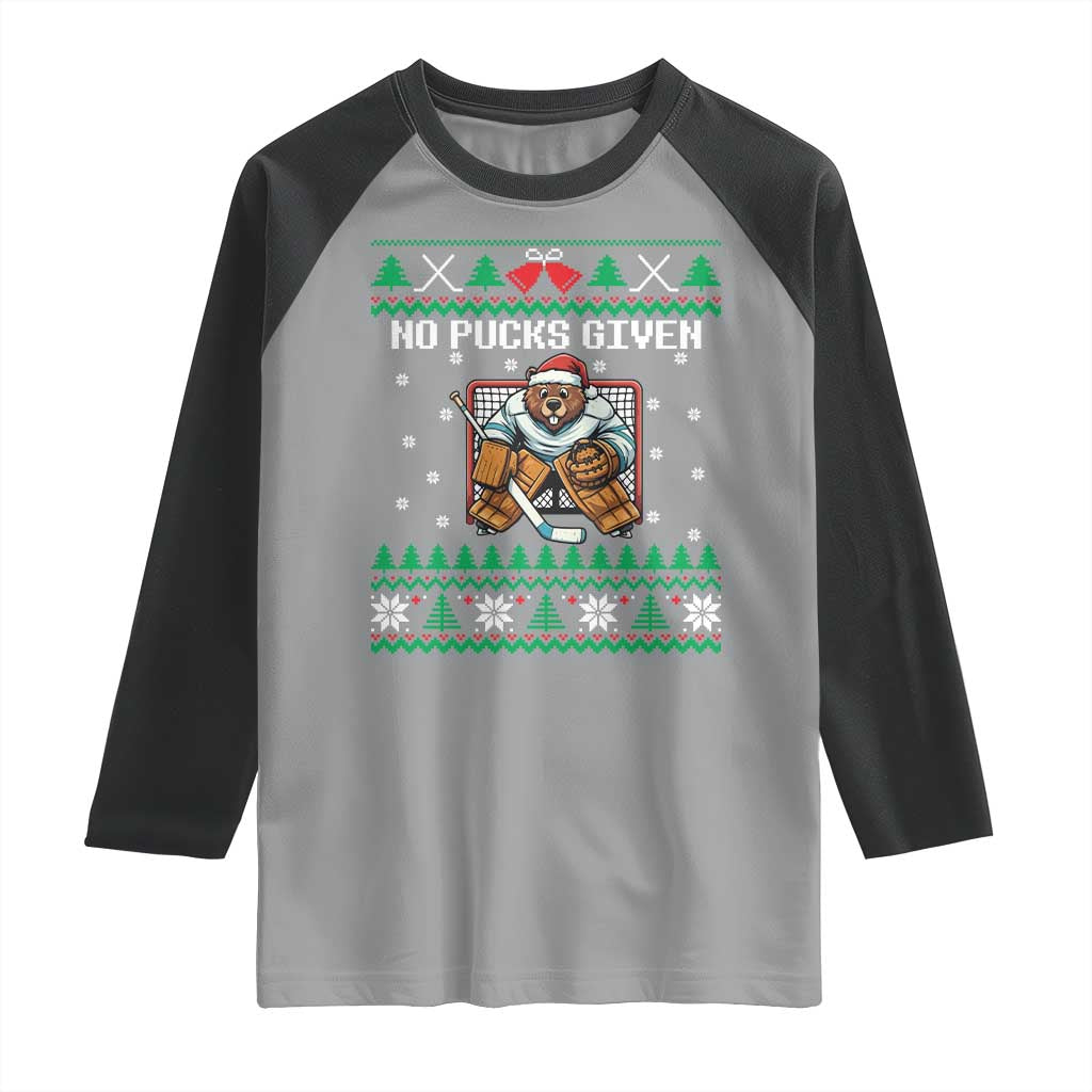Ugly Christmas Sweater Beaver Ice Hockey Goalie Raglan Shirt No Pucks Given TS12 Sport Gray Black Print Your Wear