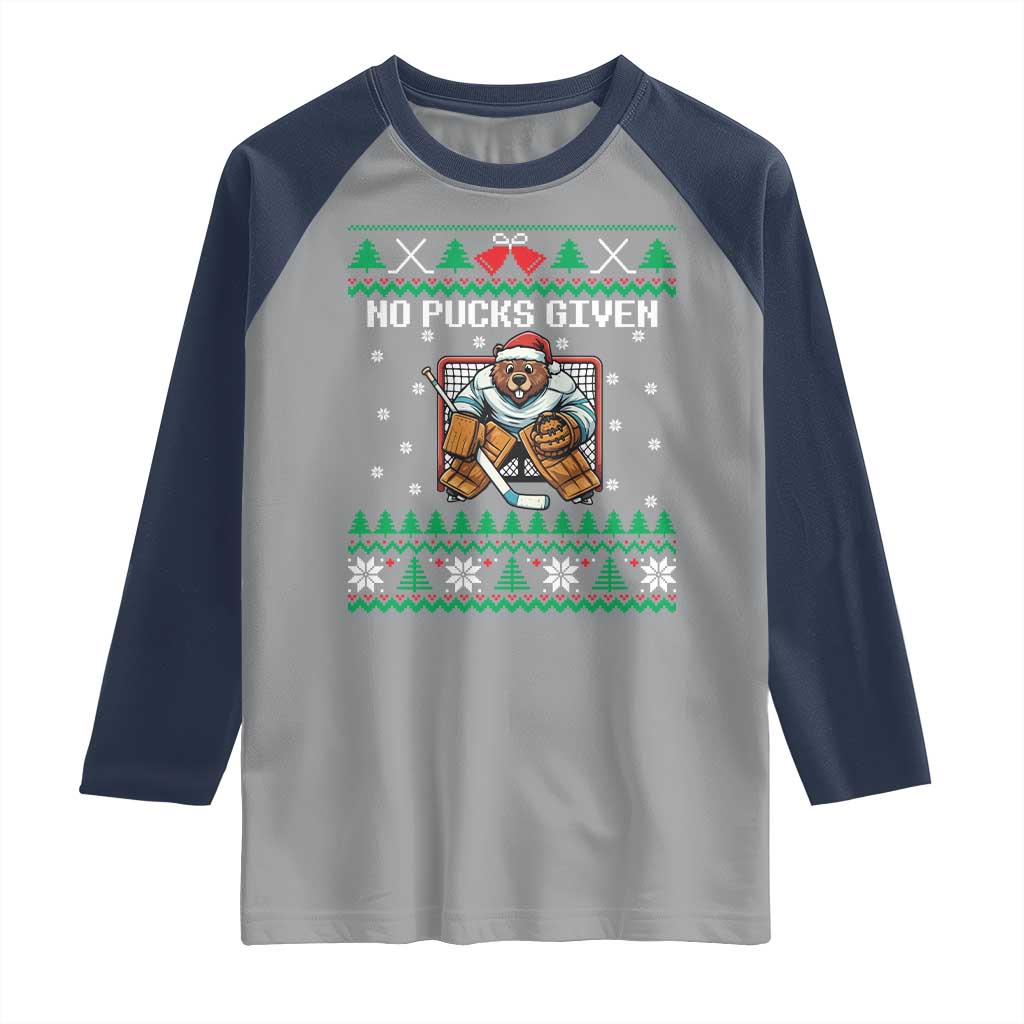 Ugly Christmas Sweater Beaver Ice Hockey Goalie Raglan Shirt No Pucks Given TS12 Sport Gray Navy Print Your Wear