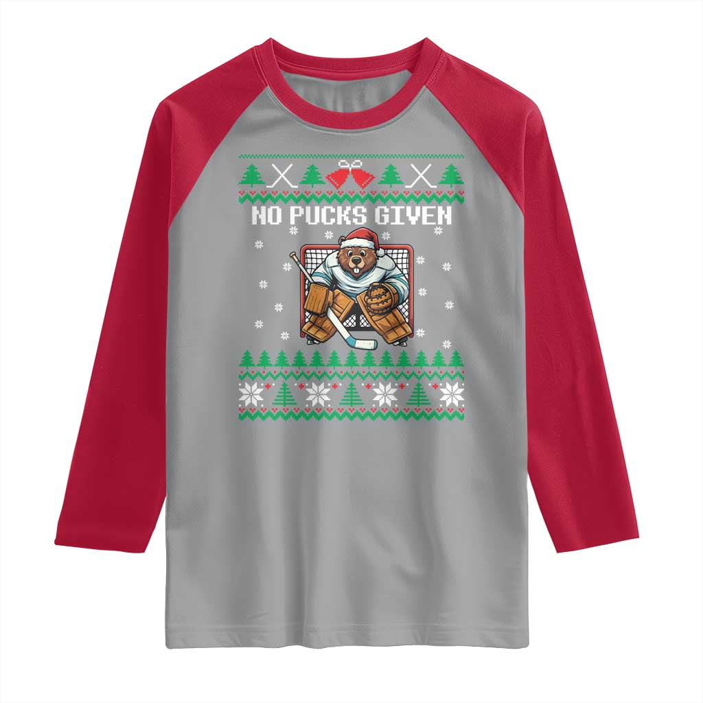 Ugly Christmas Sweater Beaver Ice Hockey Goalie Raglan Shirt No Pucks Given TS12 Sport Gray Red Print Your Wear
