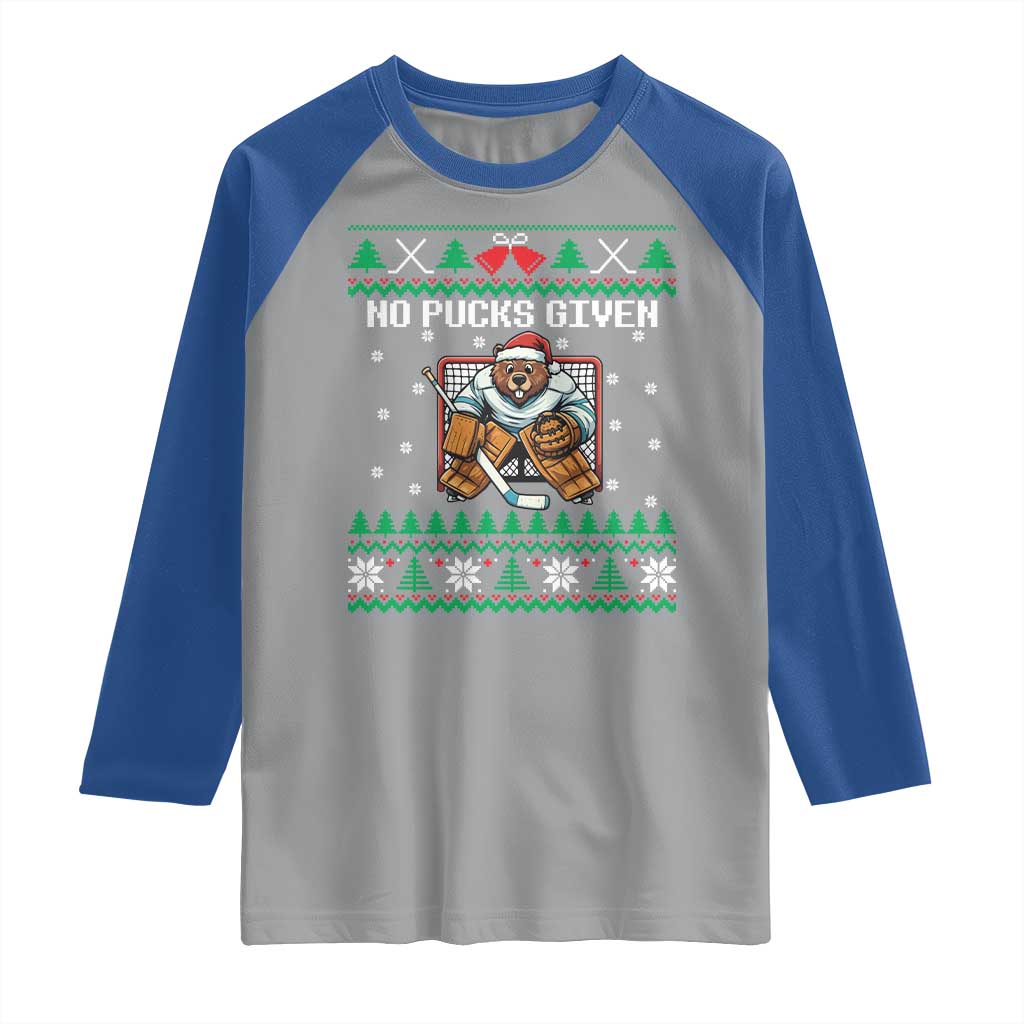 Ugly Christmas Sweater Beaver Ice Hockey Goalie Raglan Shirt No Pucks Given TS12 Sport Gray Royal Print Your Wear