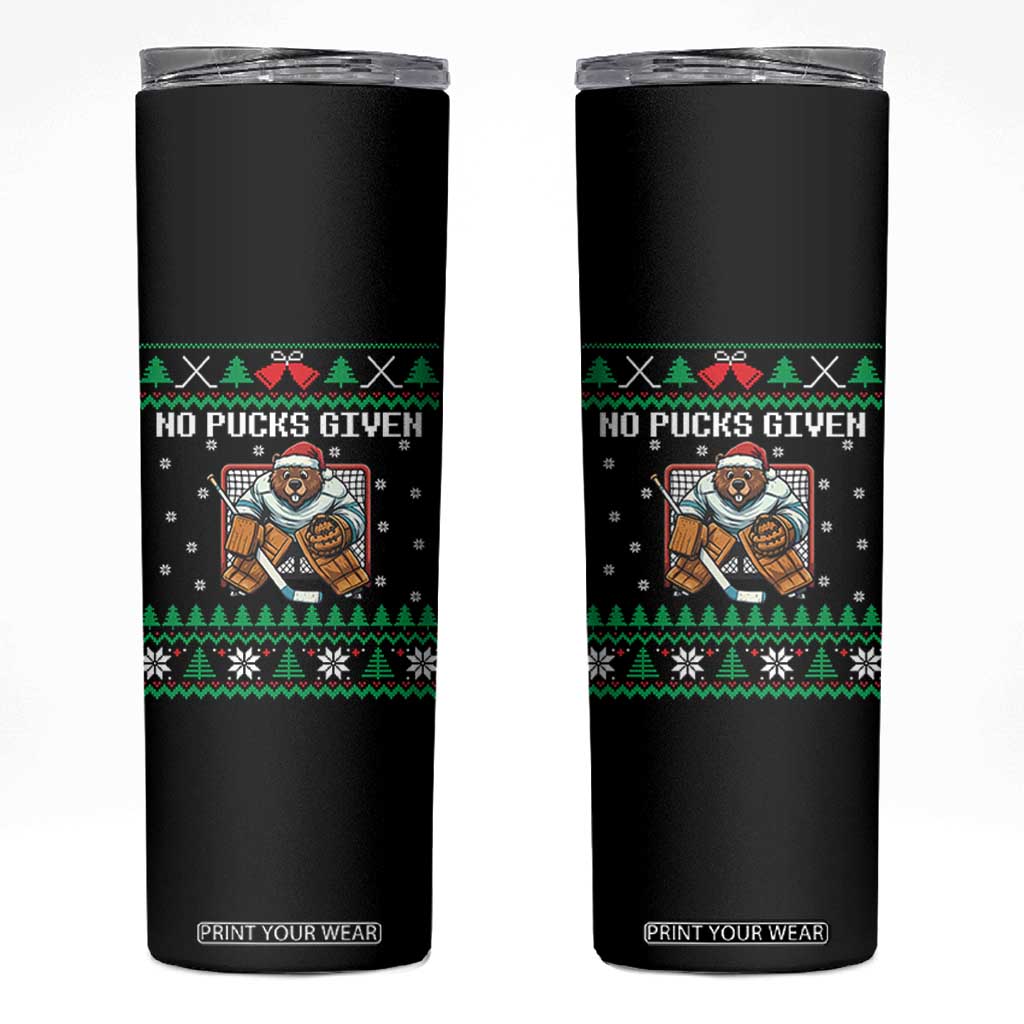 Ugly Christmas Sweater Beaver Ice Hockey Goalie Skinny Tumbler No Pucks Given TS12 Black Print Your Wear