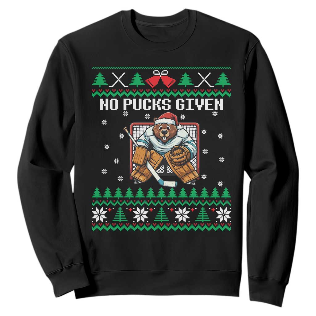 Ugly Christmas Sweater Beaver Ice Hockey Goalie Sweatshirt No Pucks Given TS12 Black Print Your Wear