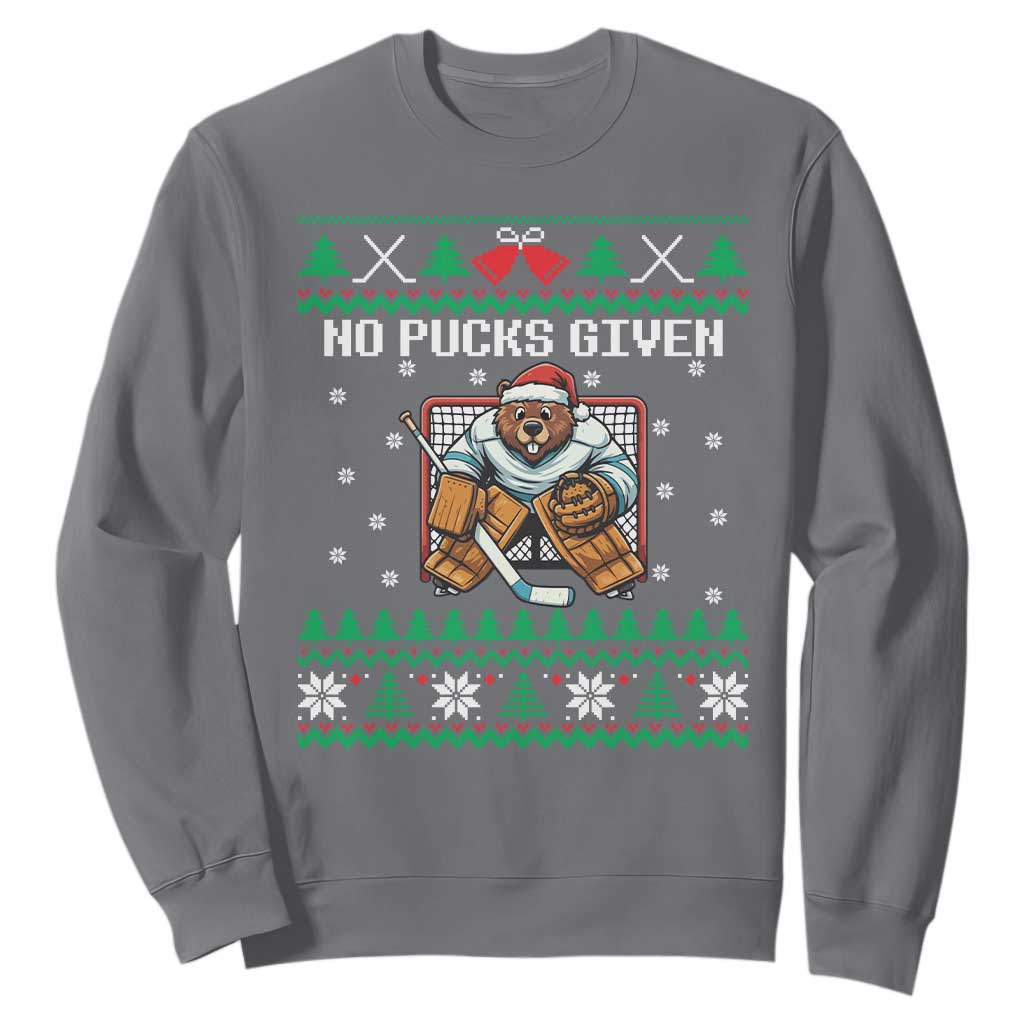 Ugly Christmas Sweater Beaver Ice Hockey Goalie Sweatshirt No Pucks Given TS12 Charcoal Print Your Wear