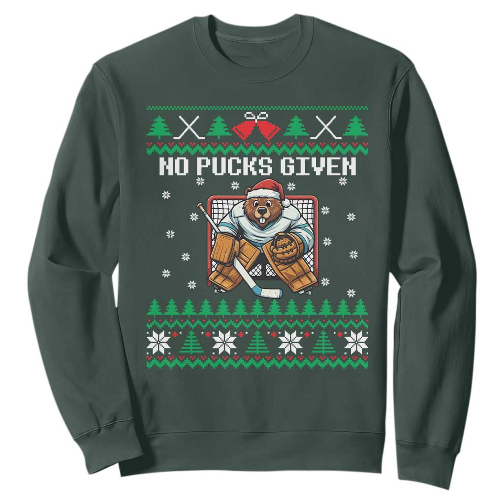 Ugly Christmas Sweater Beaver Ice Hockey Goalie Sweatshirt No Pucks Given TS12 Dark Forest Green Print Your Wear