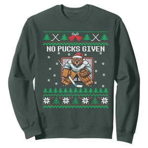 Ugly Christmas Sweater Beaver Ice Hockey Goalie Sweatshirt No Pucks Given TS12 Dark Forest Green Print Your Wear