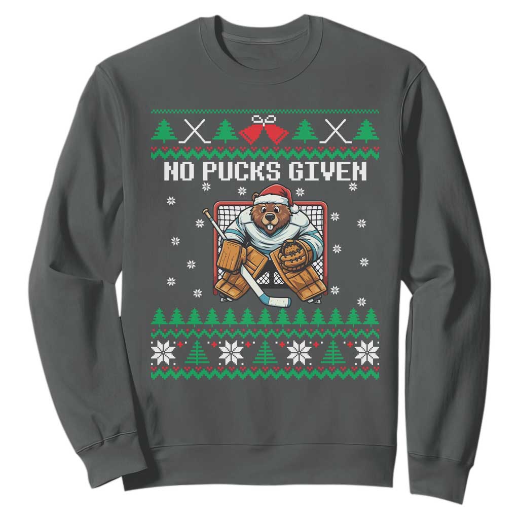 Ugly Christmas Sweater Beaver Ice Hockey Goalie Sweatshirt No Pucks Given TS12 Dark Heather Print Your Wear