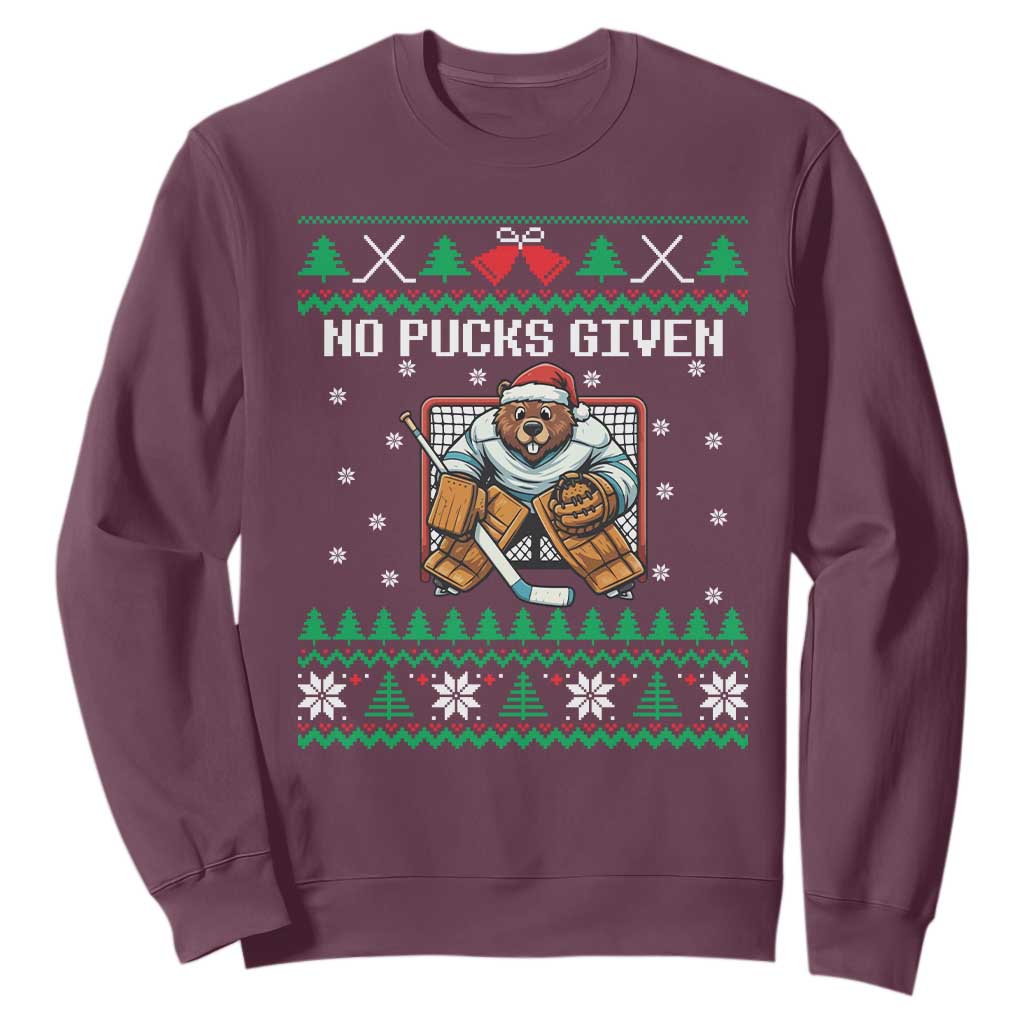 Ugly Christmas Sweater Beaver Ice Hockey Goalie Sweatshirt No Pucks Given TS12 Maroon Print Your Wear