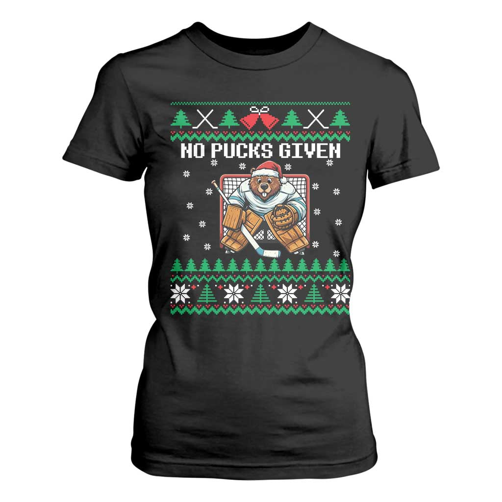 Ugly Christmas Sweater Beaver Ice Hockey Goalie T Shirt For Women No Pucks Given TS12 Black Print Your Wear