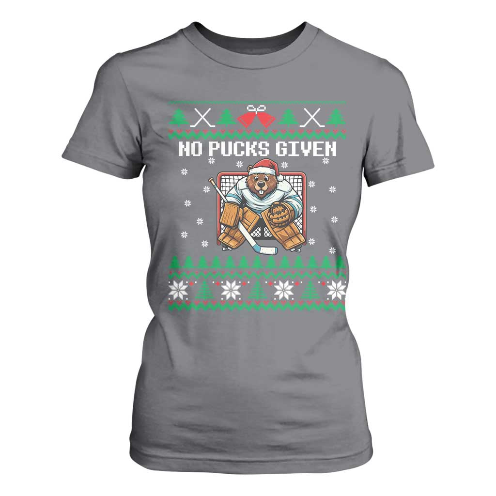 Ugly Christmas Sweater Beaver Ice Hockey Goalie T Shirt For Women No Pucks Given TS12 Charcoal Print Your Wear
