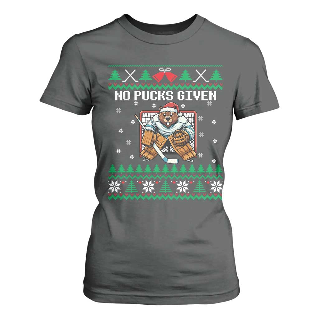 Ugly Christmas Sweater Beaver Ice Hockey Goalie T Shirt For Women No Pucks Given TS12 Dark Heather Print Your Wear
