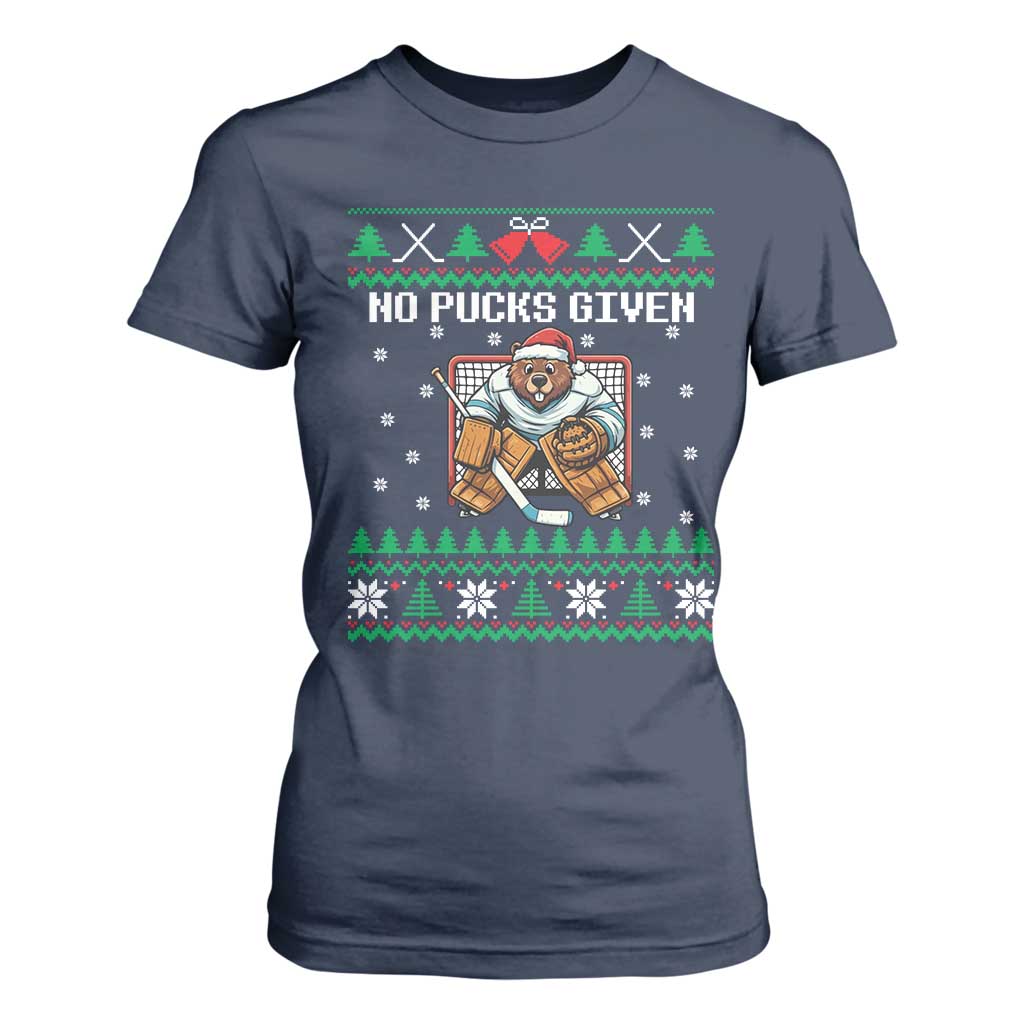 Ugly Christmas Sweater Beaver Ice Hockey Goalie T Shirt For Women No Pucks Given TS12 Navy Print Your Wear
